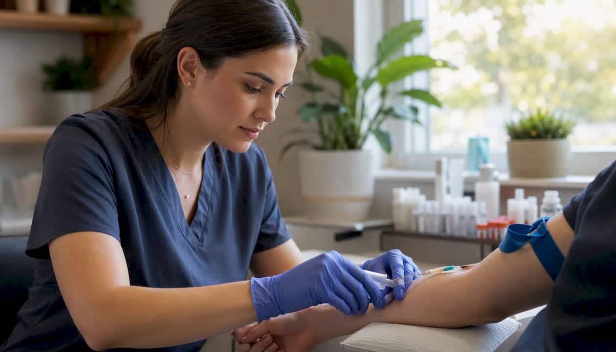 Blood draw by phlebotomist in clinic