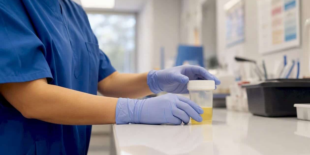1786137545549_Nurse-collecting-urine-sample-for-STD-test Nurse collecting urine sample for STD test
