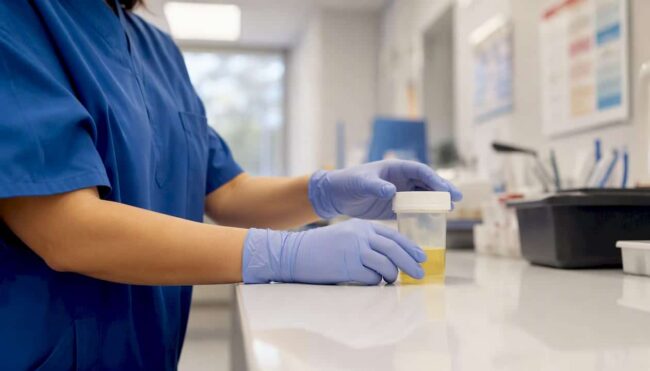 Nurse collecting urine sample for STD test