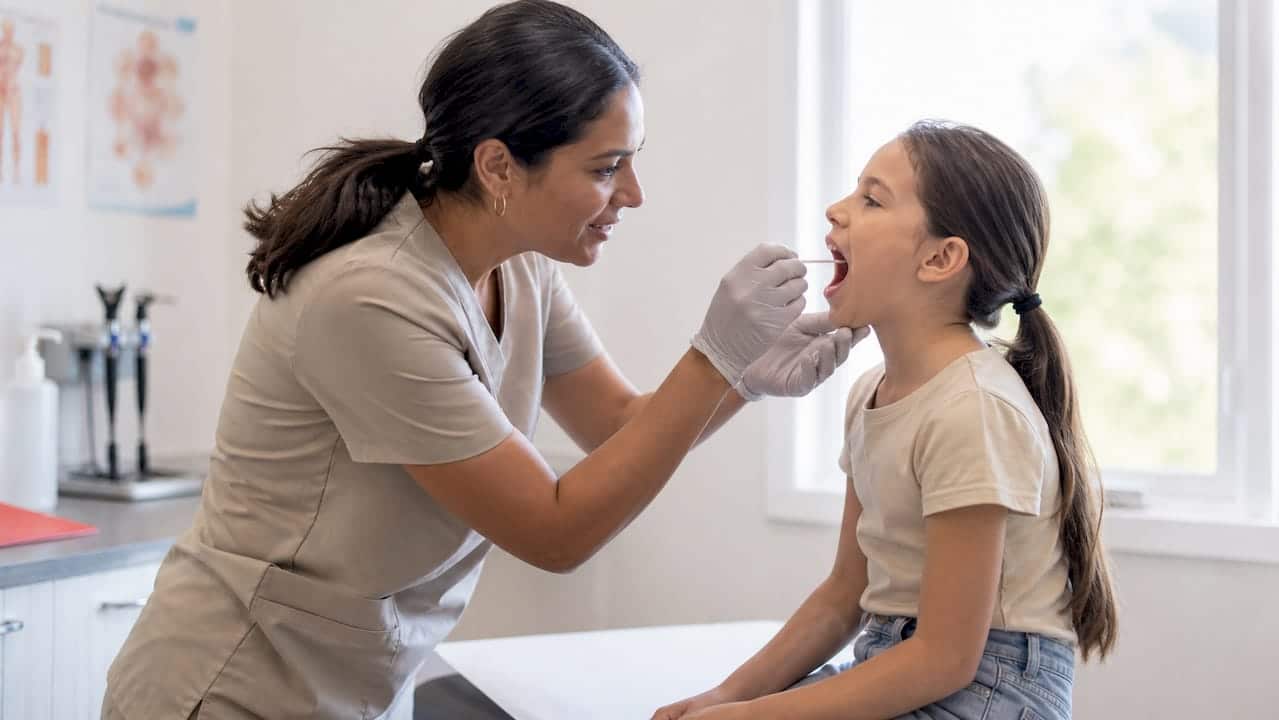 Clinician performing throat swab test