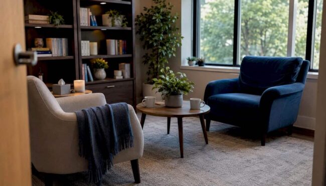 Empty therapy office with two chairs