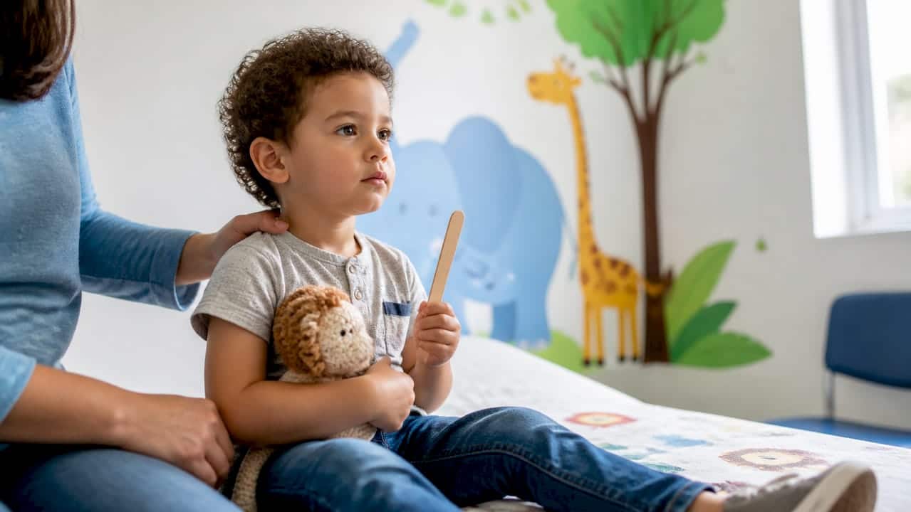 Child holding tongue depressor before throat swab