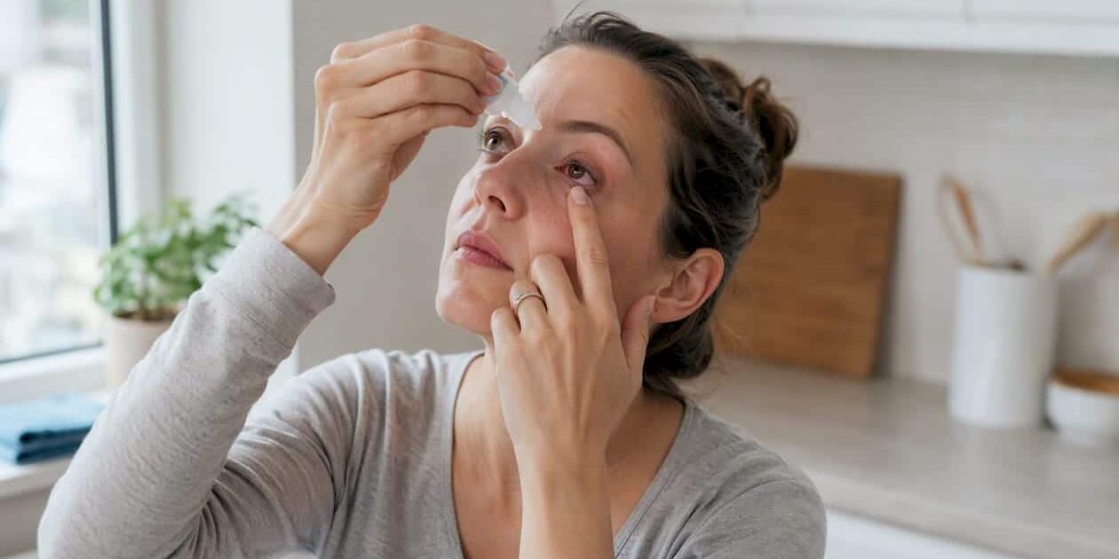 Hand applying eye drops to a red eye