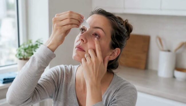 Hand applying eye drops to a red eye