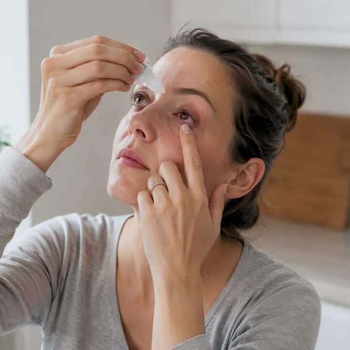 Hand applying eye drops to a red eye
