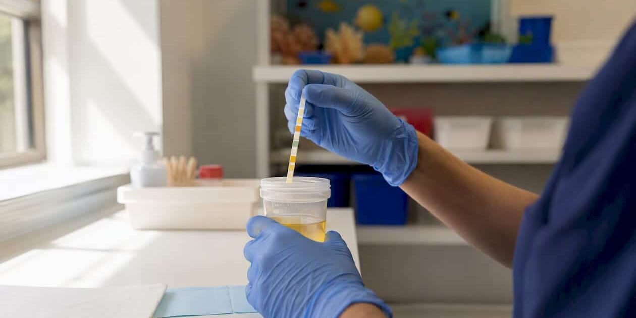 1786368428750_Gloved-hands-holding-urinalysis-dipstick-near-urine-sample Gloved hands holding urinalysis dipstick near urine sample