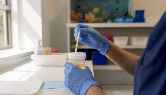 Gloved hands holding urinalysis dipstick near urine sample
