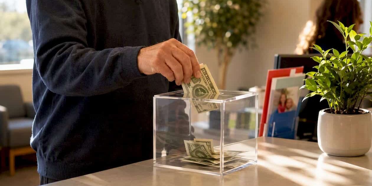 Hands exchanging payment at clinic desk