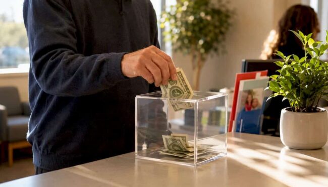Hands exchanging payment at clinic desk