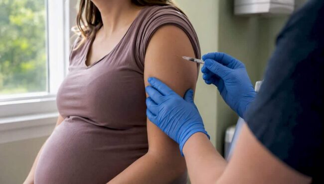 Pregnant woman getting Tdap vaccine injection