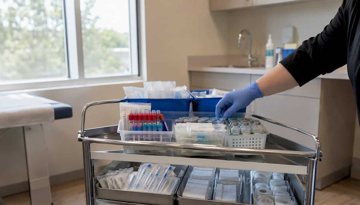 Medical supplies tray in urgent care
