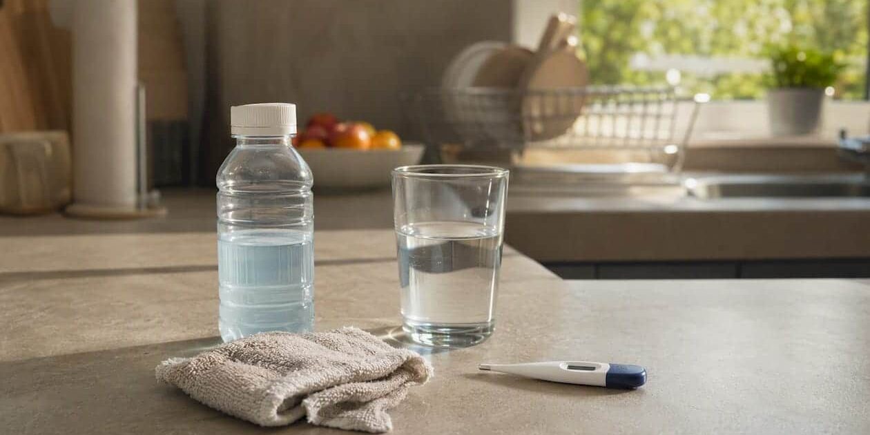 1786741577445_Oral-rehydration-solution-and-thermometer-on-bathroom-counter Oral rehydration solution and thermometer on bathroom counter