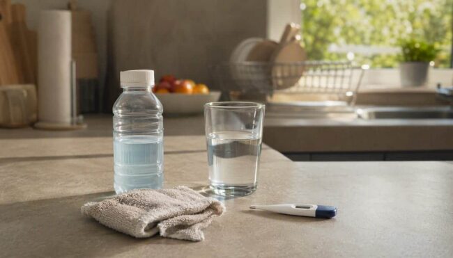 Oral rehydration solution and thermometer on bathroom counter