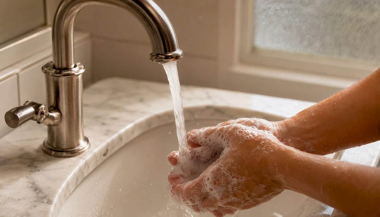 Hands washing with soap at sink