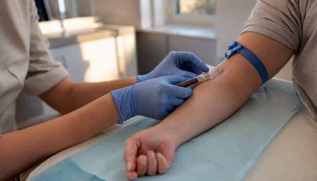 Clinician drawing blood for hepatitis C test