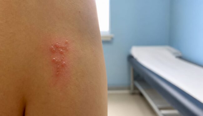 Clustered herpes blisters on skin close-up