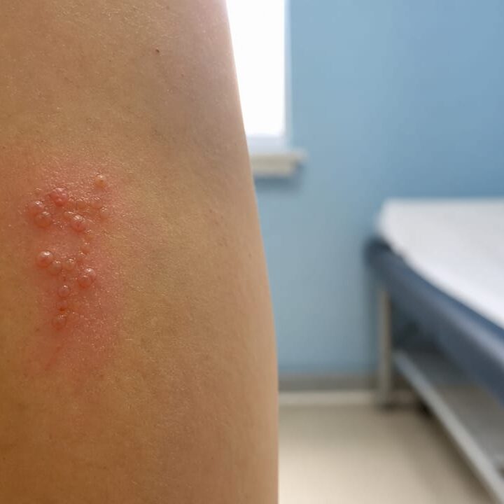 Clustered herpes blisters on skin close-up