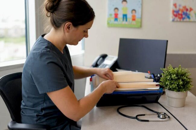 Clinic receptionist sorting immunization records