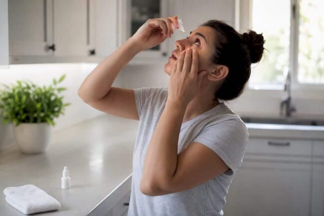Hands applying eye drops in bathroom