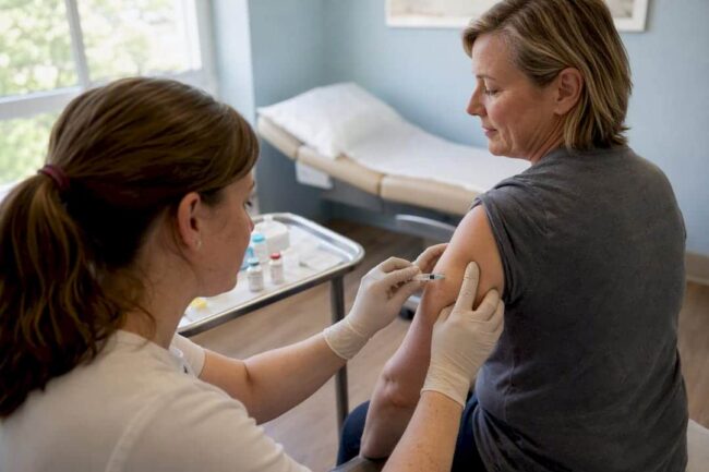 Adult receiving MMR vaccine injection in clinic