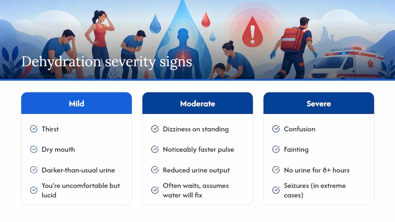 Diagram of dehydration severity levels and clinical checks