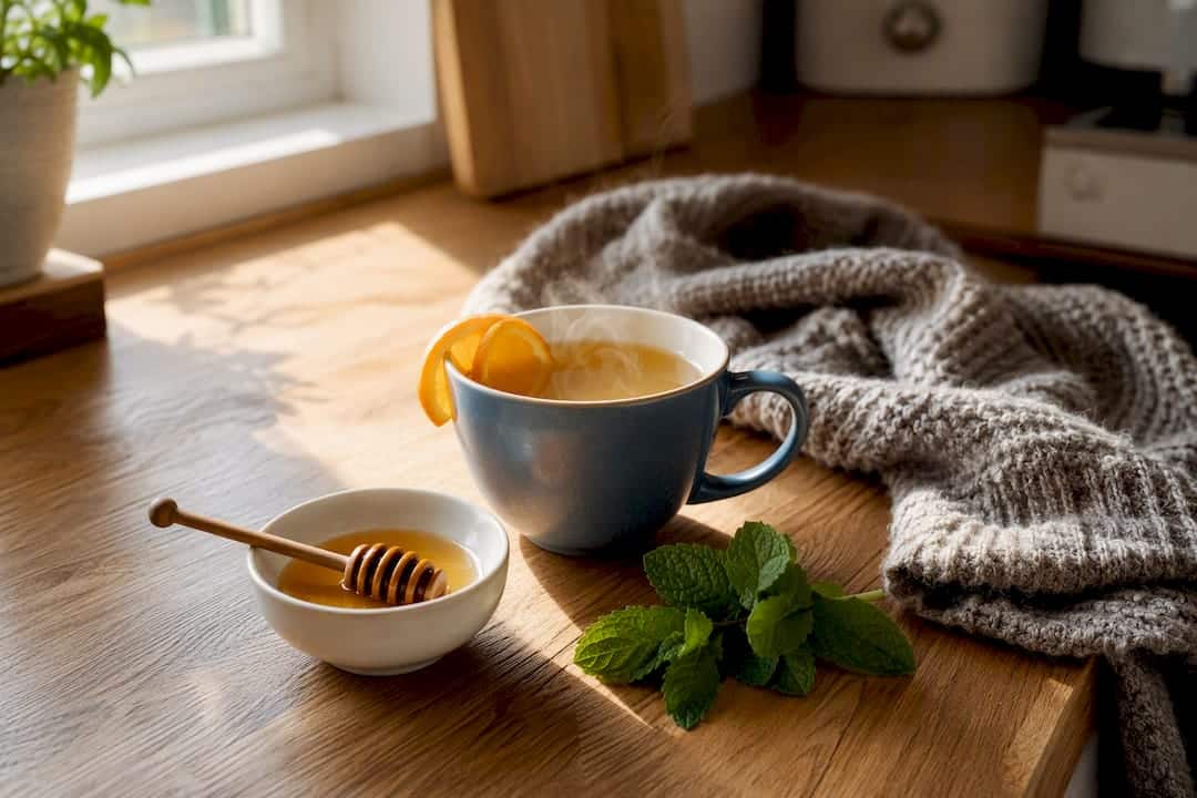 Tea, honey, lemon and scarf for flu and cold relief