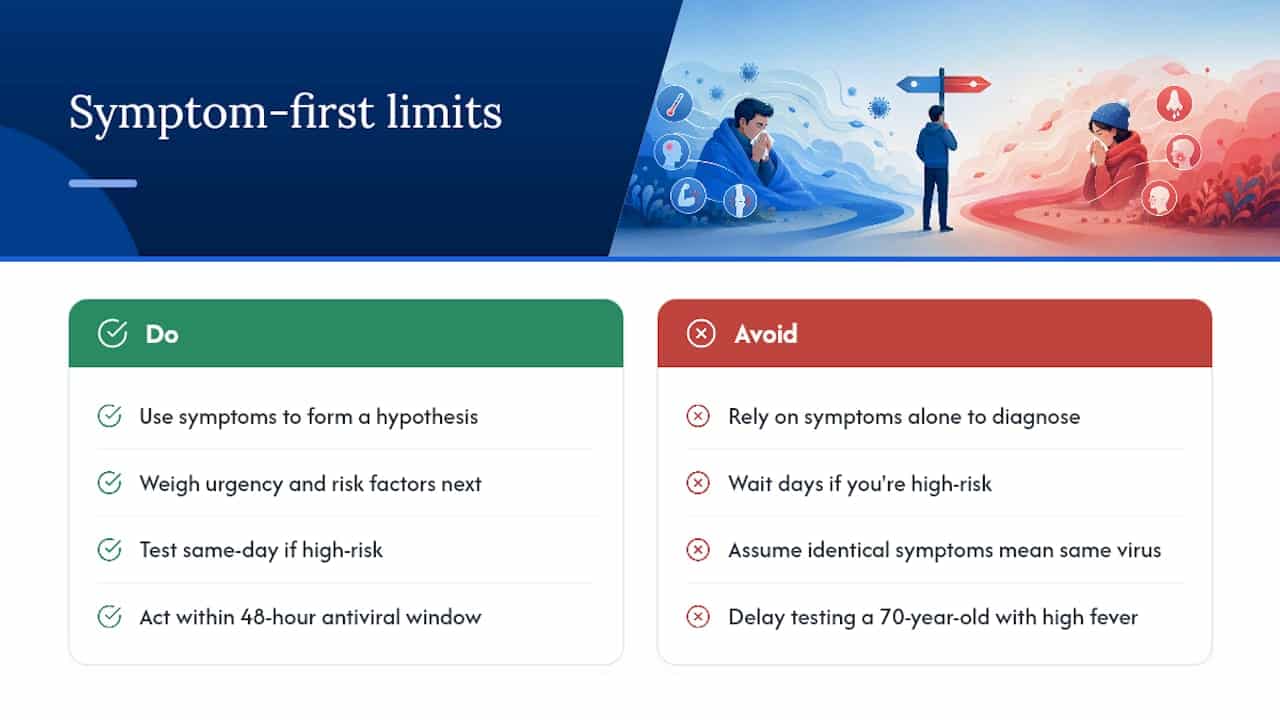 Diagram comparing flu, cold, RSV, and COVID-19 symptoms