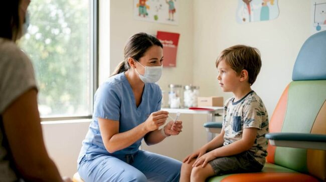 Healthcare worker administering nasal swab test in clinic
