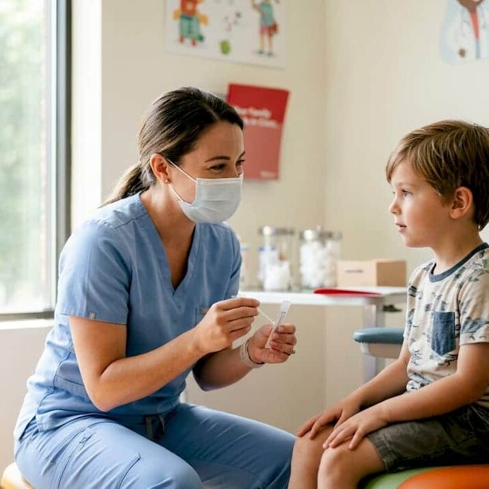 Healthcare worker administering nasal swab test in clinic