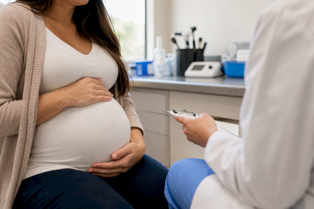 Pregnant patient hands resting with nurse hands in clinic