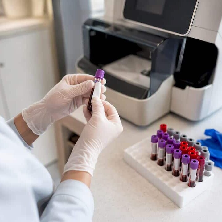 Technician preparing blood sample for A1C test