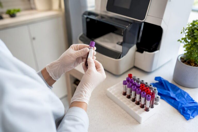 Technician preparing blood sample for A1C test