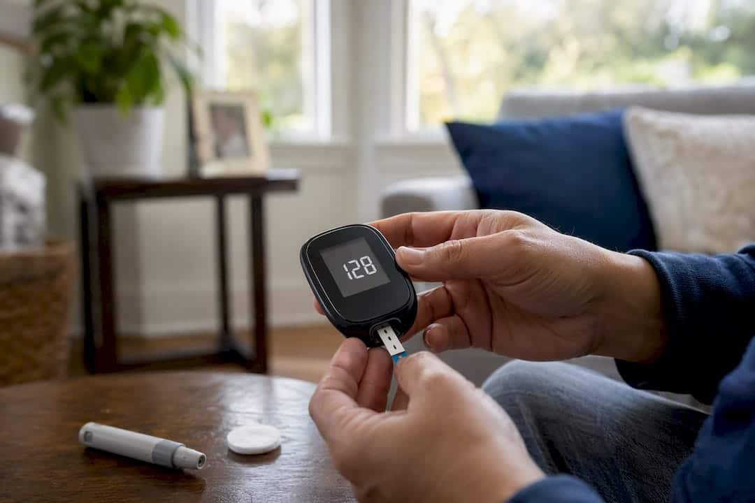 Handheld glucose meter displaying reading
