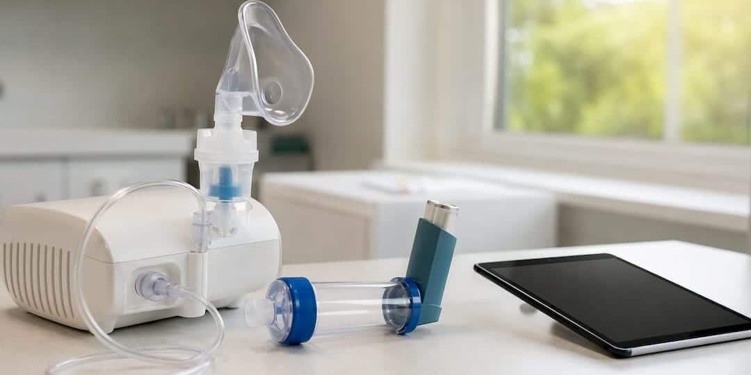 Inhaler, spacer, and nebulizer on clinic counter