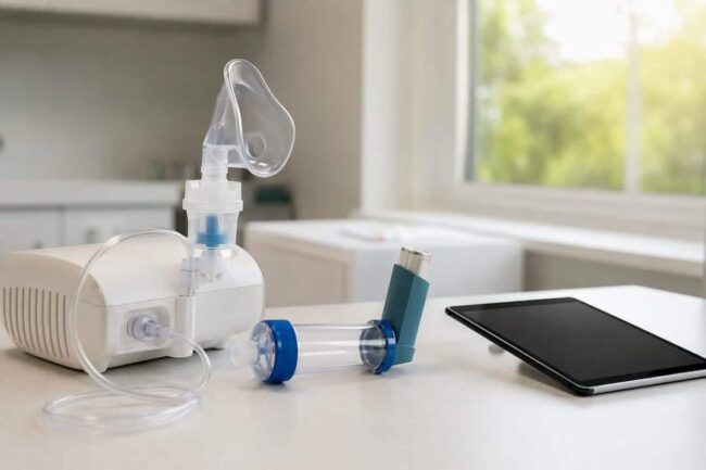 Inhaler, spacer, and nebulizer on clinic counter