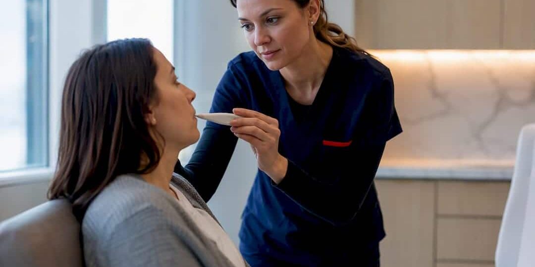 1788131417224_Clinician-evaluating-patient-for-flu Clinician evaluating patient for flu
