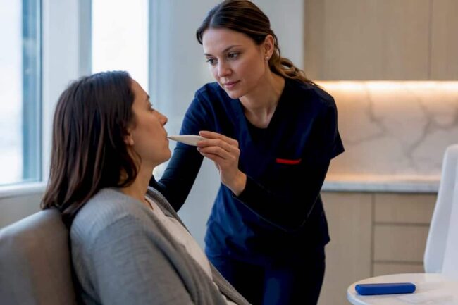 Clinician evaluating patient for flu