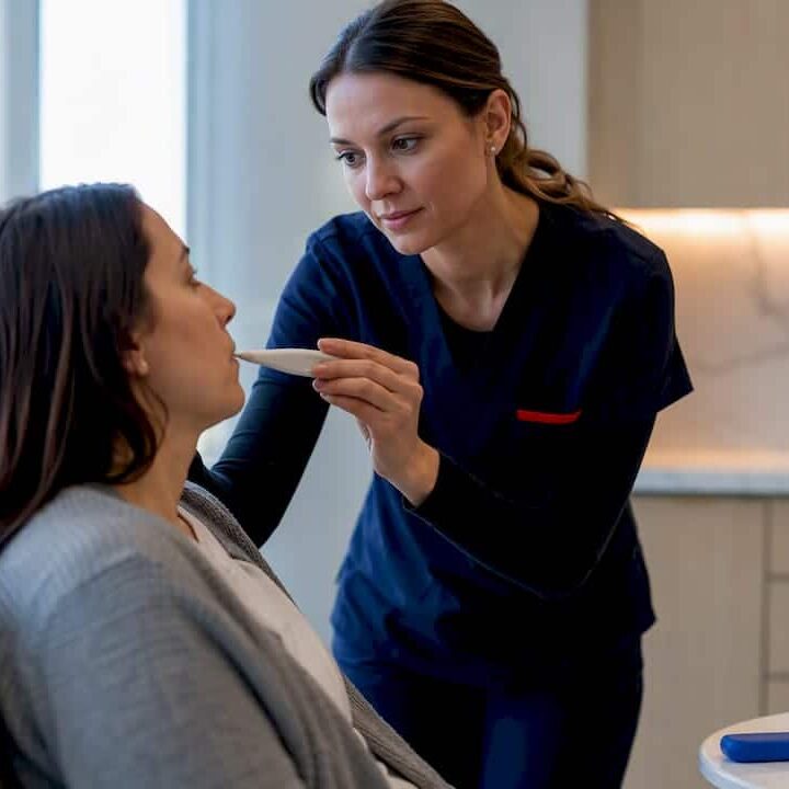 Clinician evaluating patient for flu