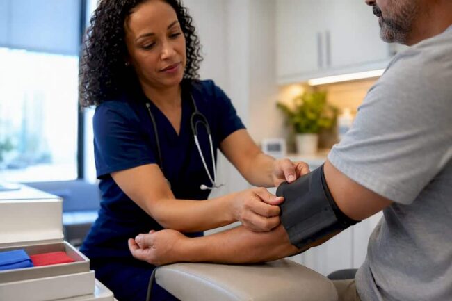 Clinician measuring adult blood pressure