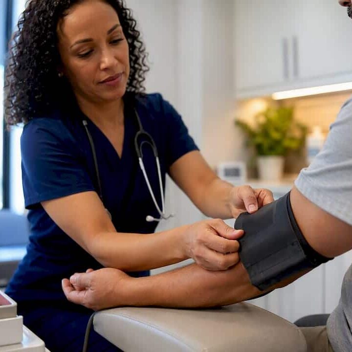 Clinician measuring adult blood pressure