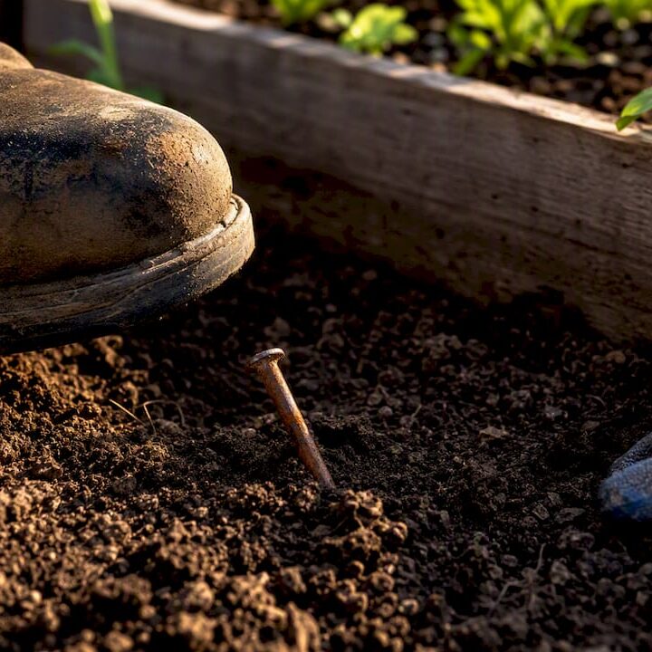 Rusty nail partly hidden in garden soil