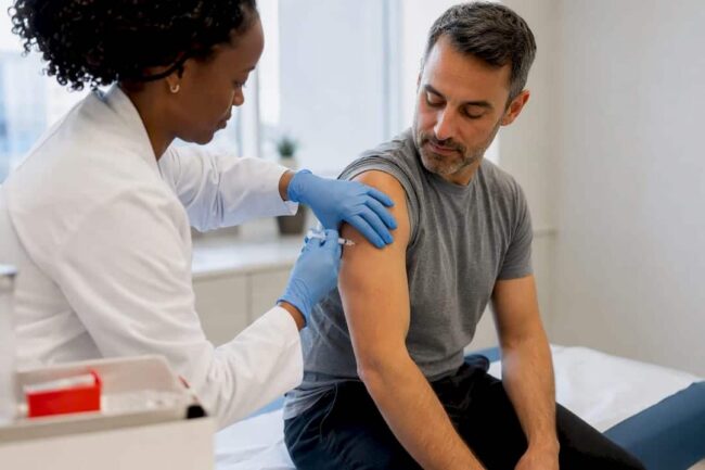 Clinician administering a flu vaccination