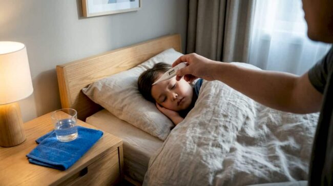 Caregiver checking child’s temperature at home