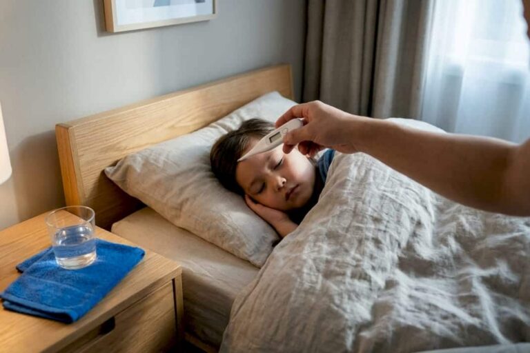Caregiver checking child’s temperature at home
