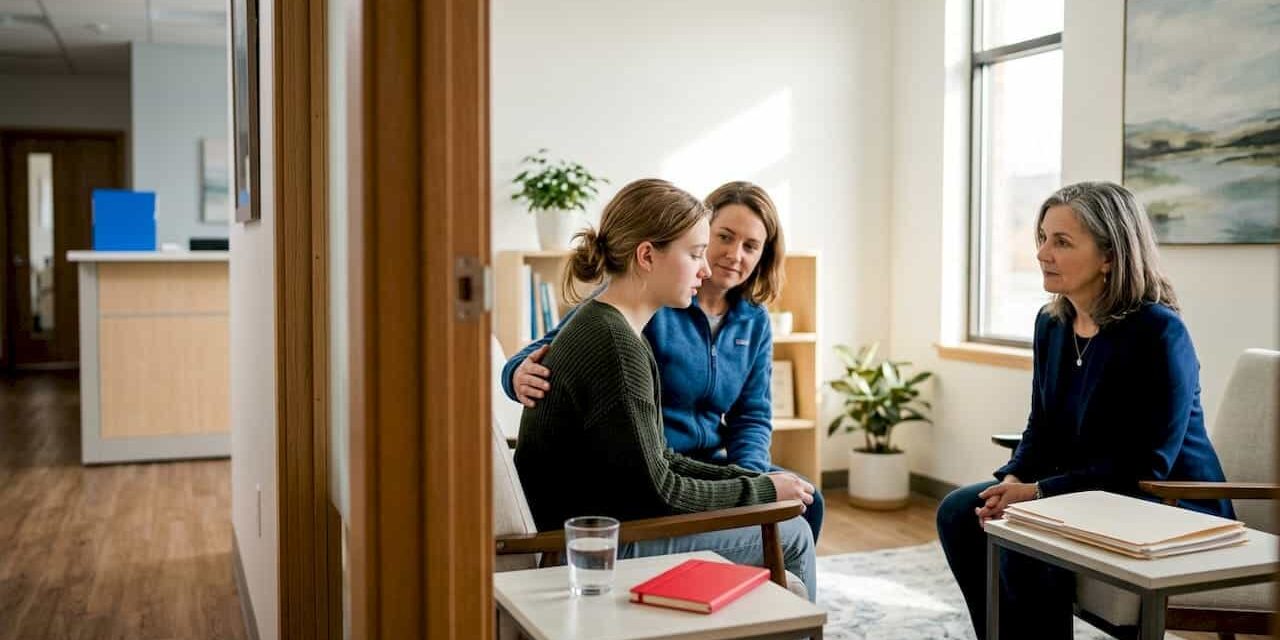 1789139196591_Teen-speaking-with-clinician-and-caregiver Teen speaking with clinician and caregiver