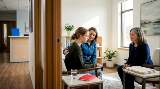 Teen speaking with clinician and caregiver