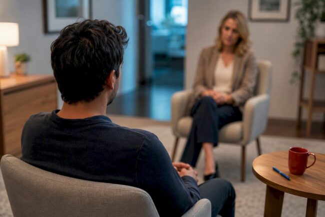 Adult beginning a first therapy session