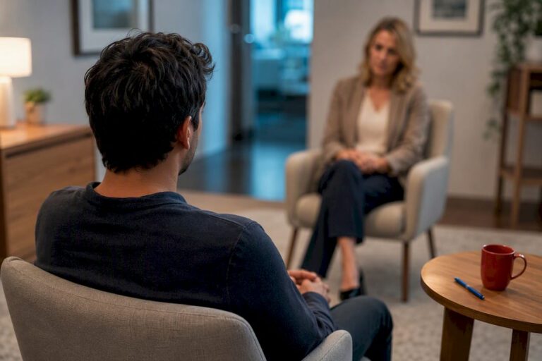 Adult beginning a first therapy session