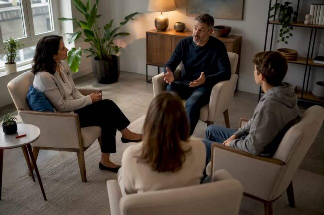 Family practicing communication in therapy