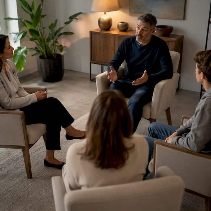 Family practicing communication in therapy